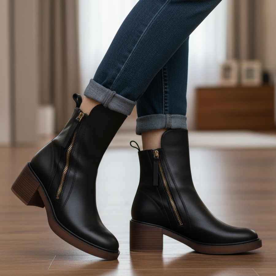 Victoria™ | Sorte Lærstøvler med en Komfortabel Hæl, Elegante og Tidløse