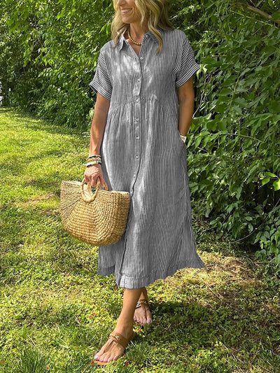 Sara™ | Stripete skjortekjole med sidelommer